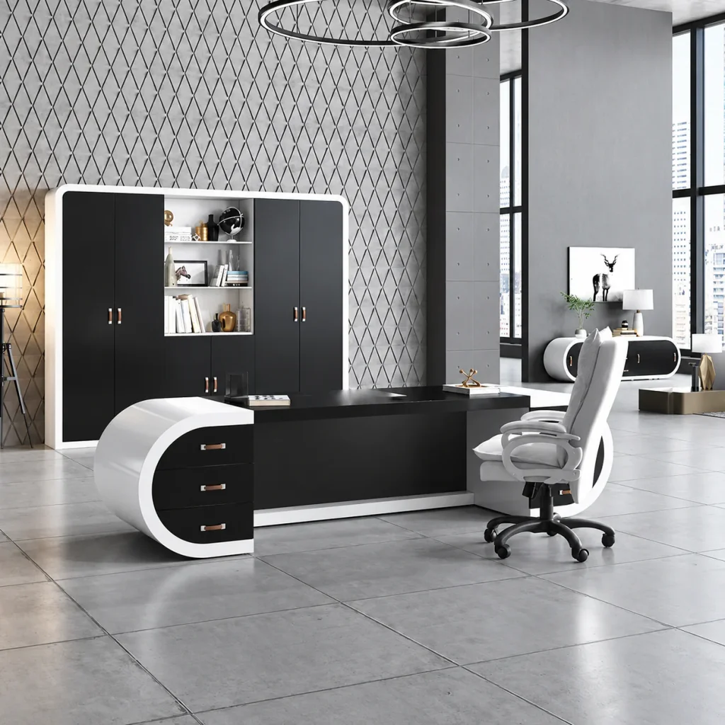 Google Desk in black and white with drawers and wall cabinets