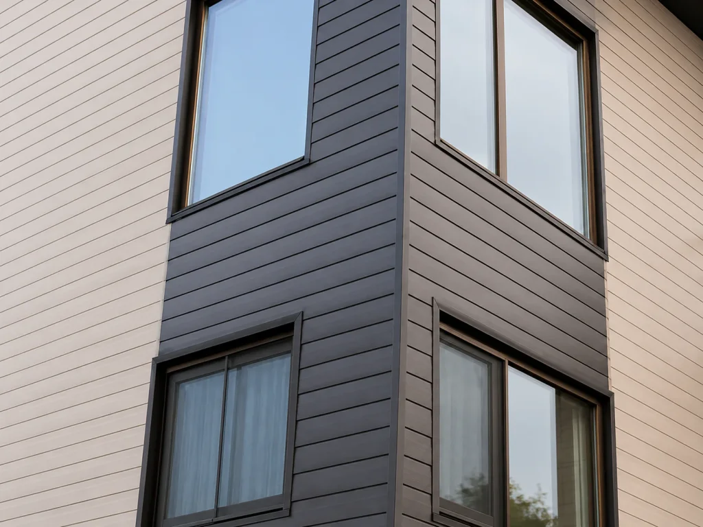 Gray and white composite siding on a house exterior with windows