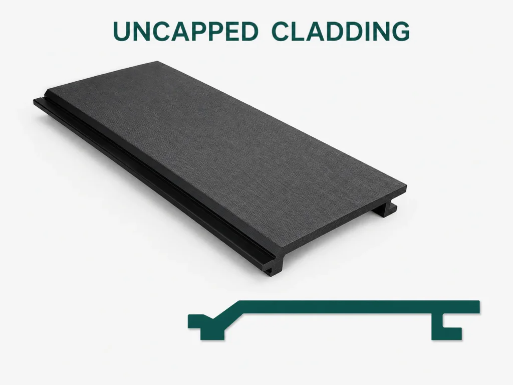 Uncapped black composite cladding board with profile diagram