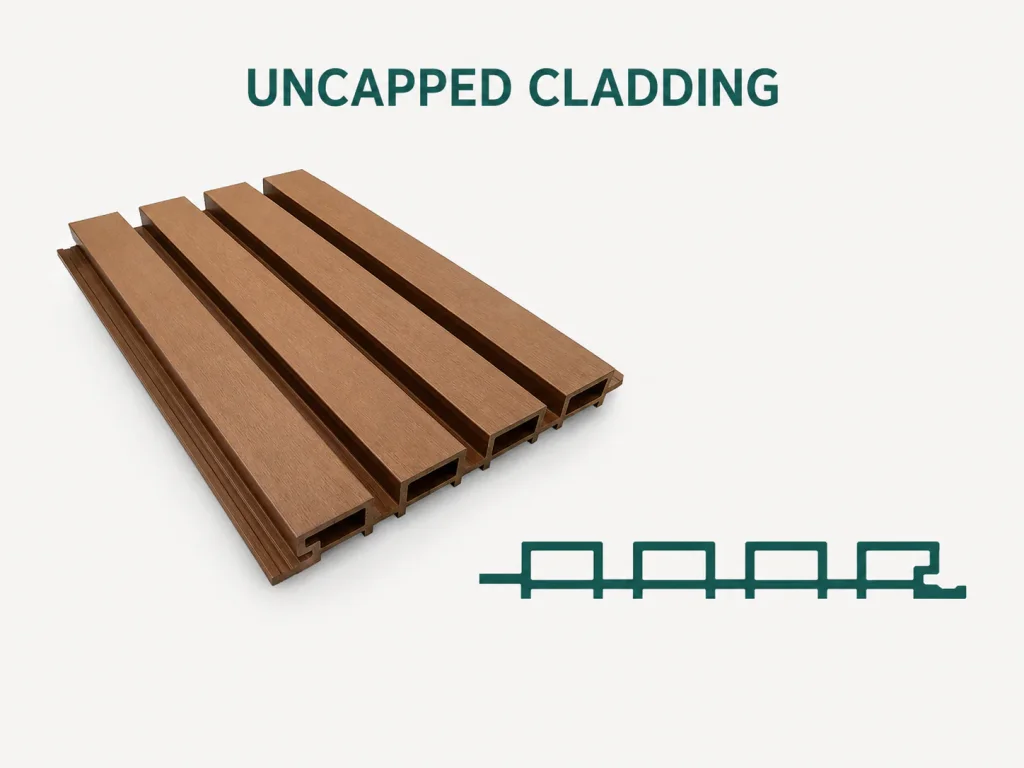 Uncapped brown fluted composite cladding panel with profile diagram