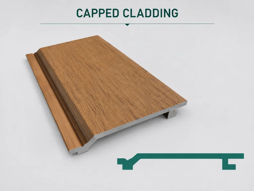 Capped wood-grain composite cladding board with profile diagram