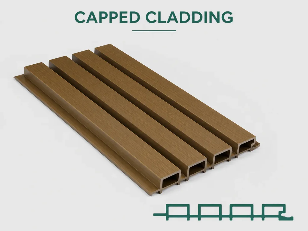 Capped brown fluted composite cladding panel with profile diagram