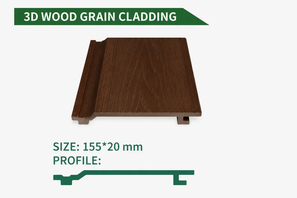 3D wood grain composite cladding board, 155 x 20 mm, with profile diagram