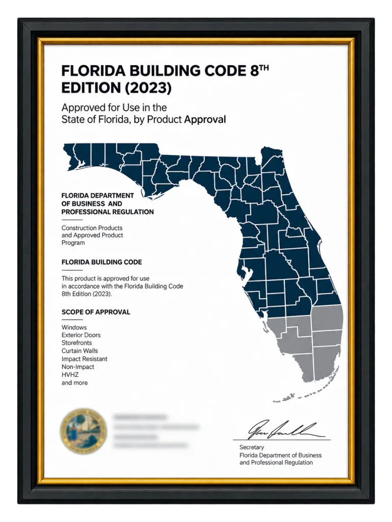 Florida Building Code 8th Edition product approval certificate in a frame