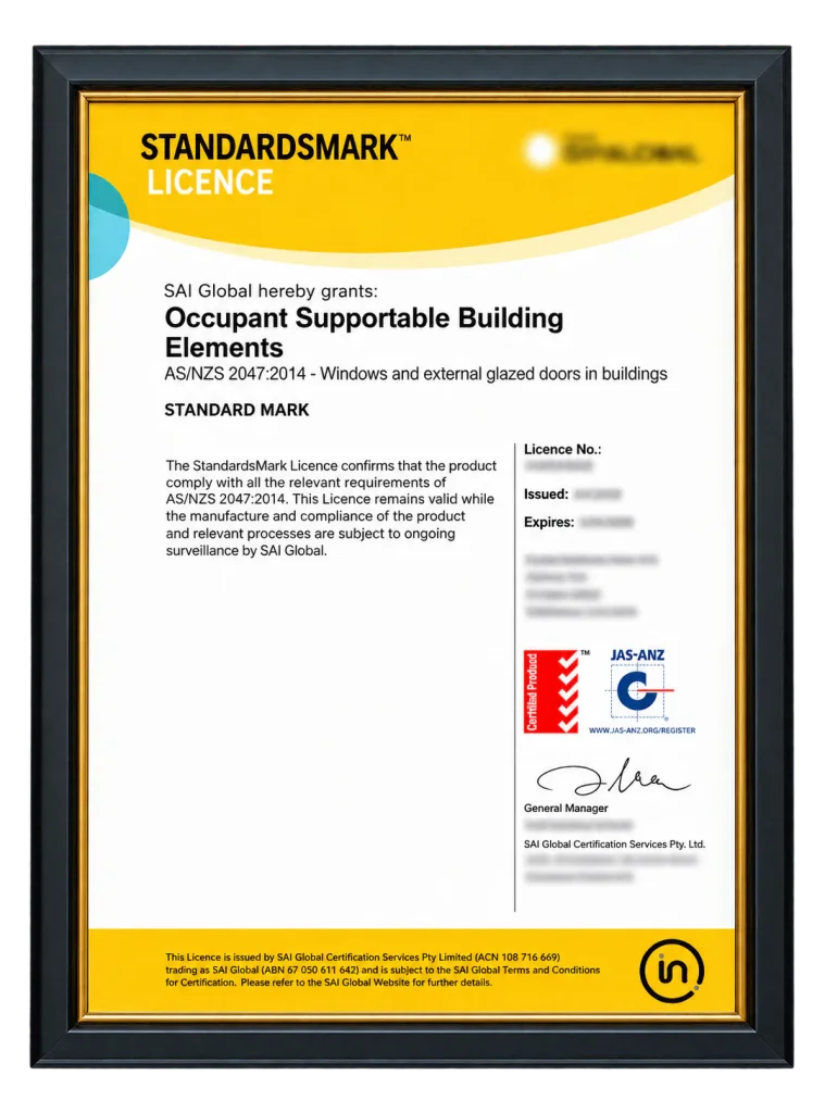StandardsMark licence certificate for occupant supportable building elements in a frame