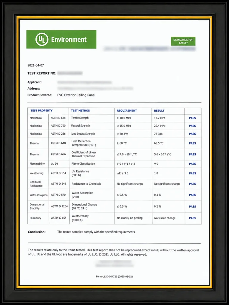 UL Environment test report in a frame