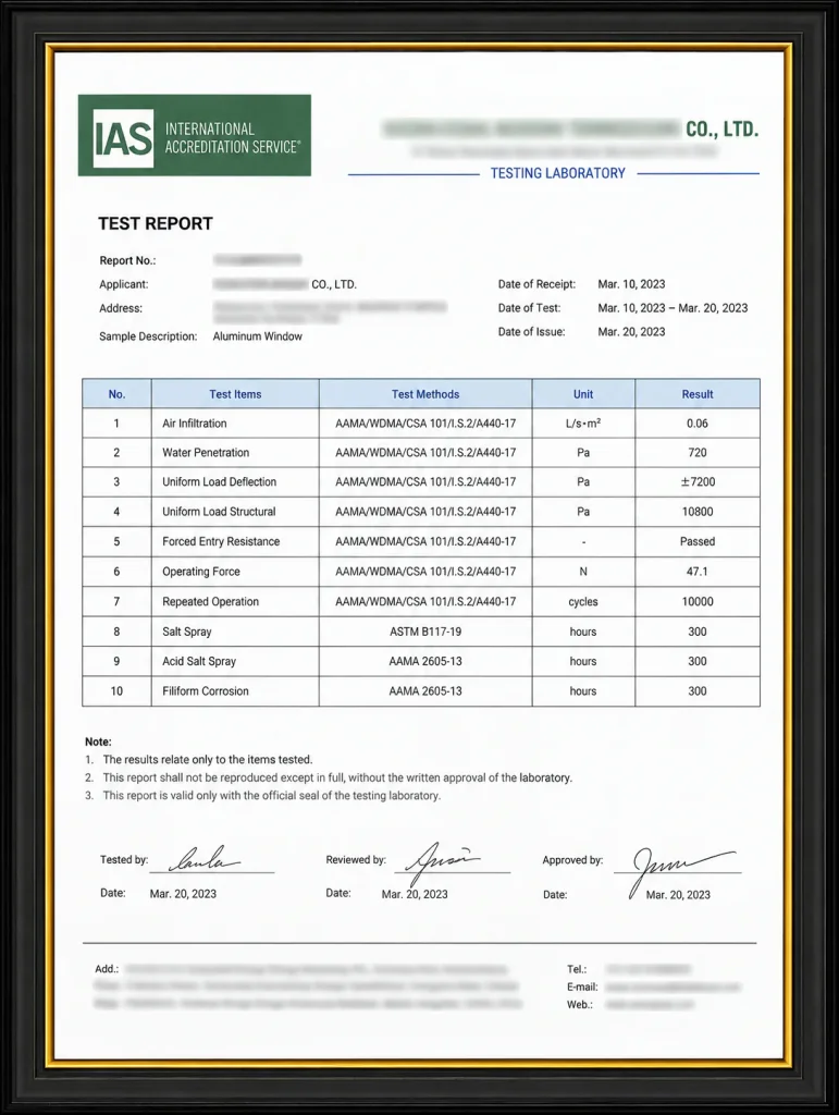 IAS testing laboratory test report in a frame