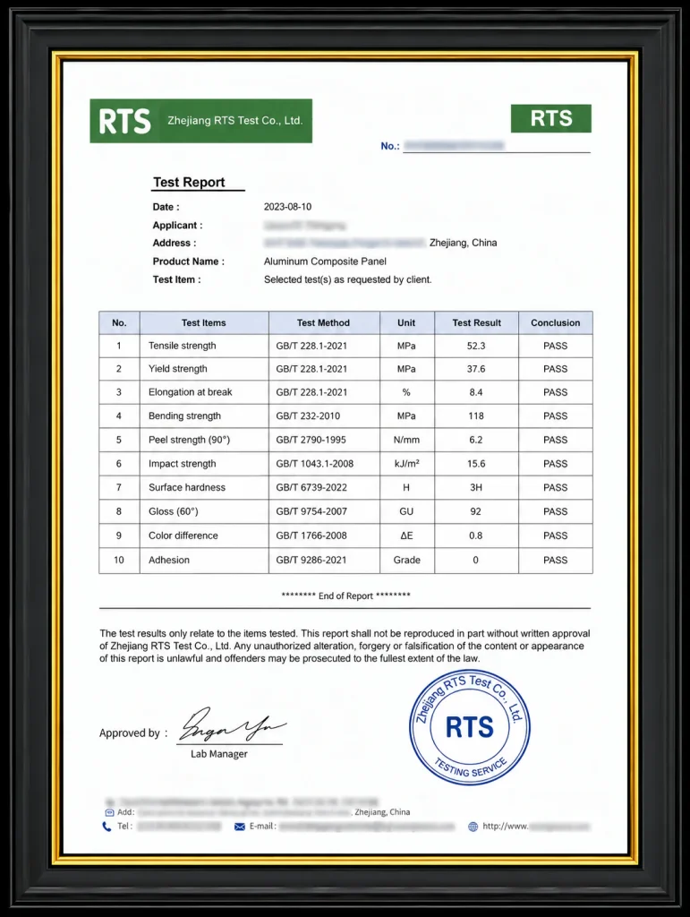 RTS test report for aluminum composite panel in a frame