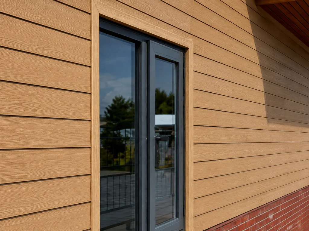 Wood-look composite siding around a glass door on a building facade