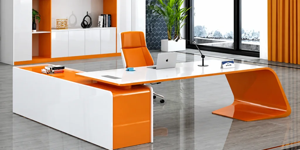 L-Shaped Executive Office Desk in white and orange with orange chair