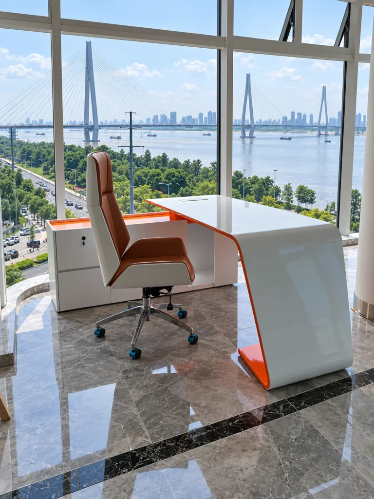 L-Shaped Executive Office Desk in white with orange accents and city view