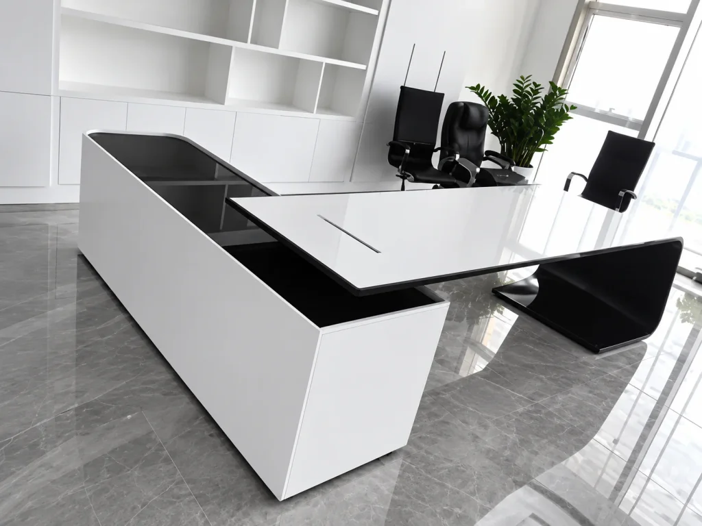 L-Shaped Executive Office Desk in white with black top return