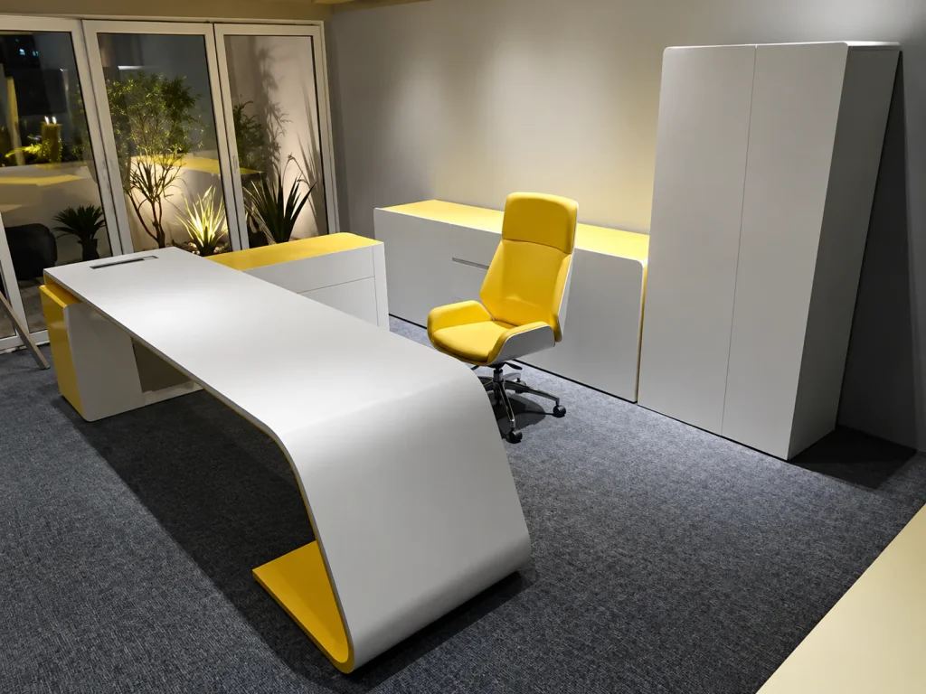 L-Shaped Executive Office Desk in white and yellow with yellow chair