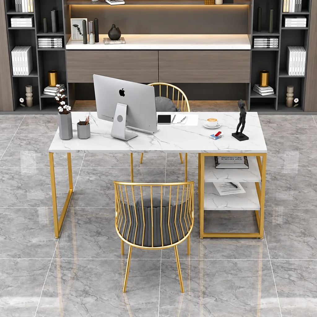 Marble Top Gold Frame Office Desk in an L arrangement with gold wire chair