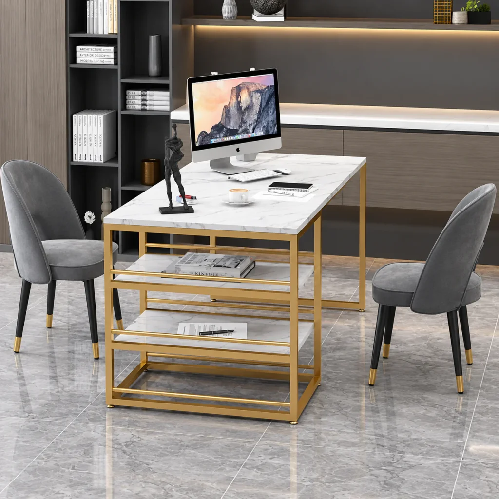 Marble Top Gold Frame Office Desk with open shelves on the gold frame, front view