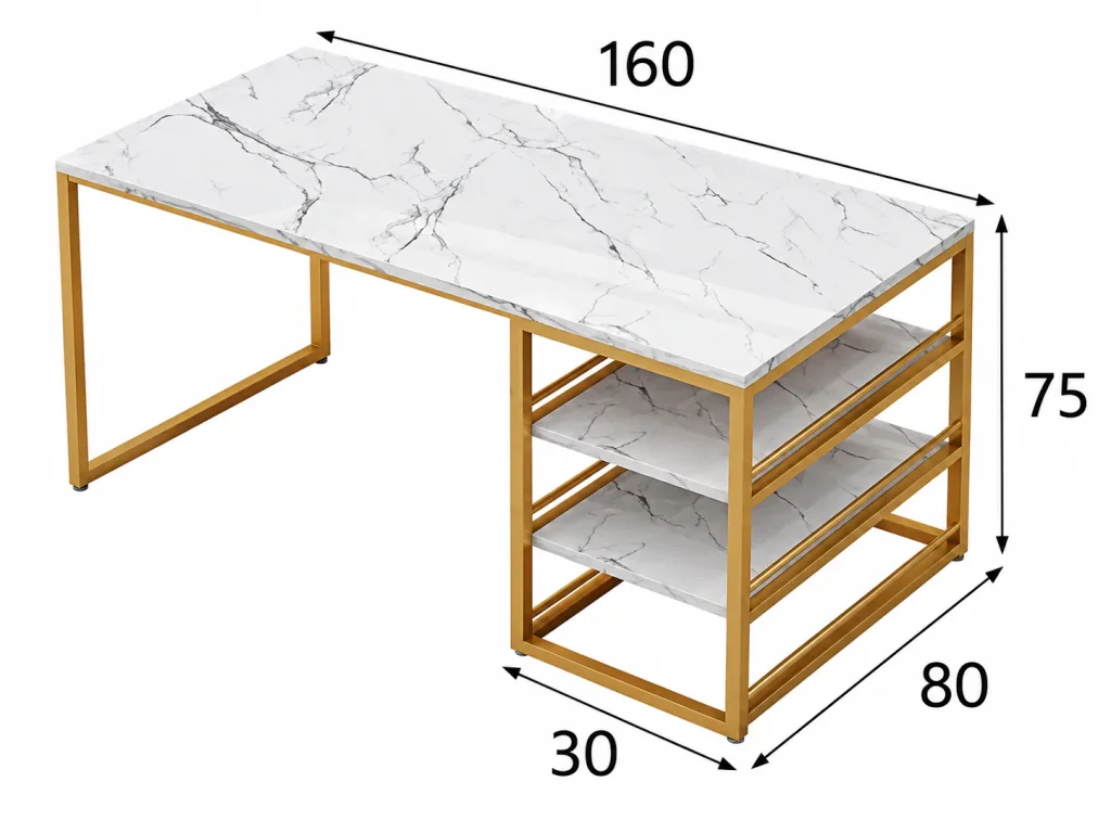 Marble Top Gold Frame Office Desk dimensions: 160 x 80 cm, 75 cm high, 30 cm shelf unit