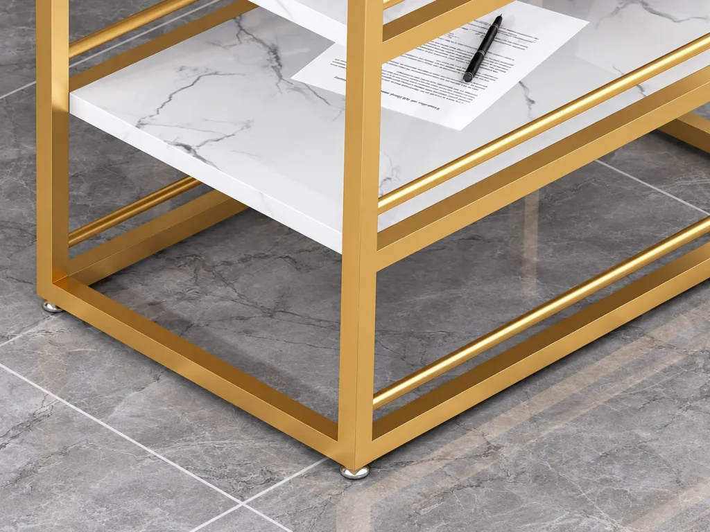 Marble Top Gold Frame Office Desk, close-up of gold frame shelves