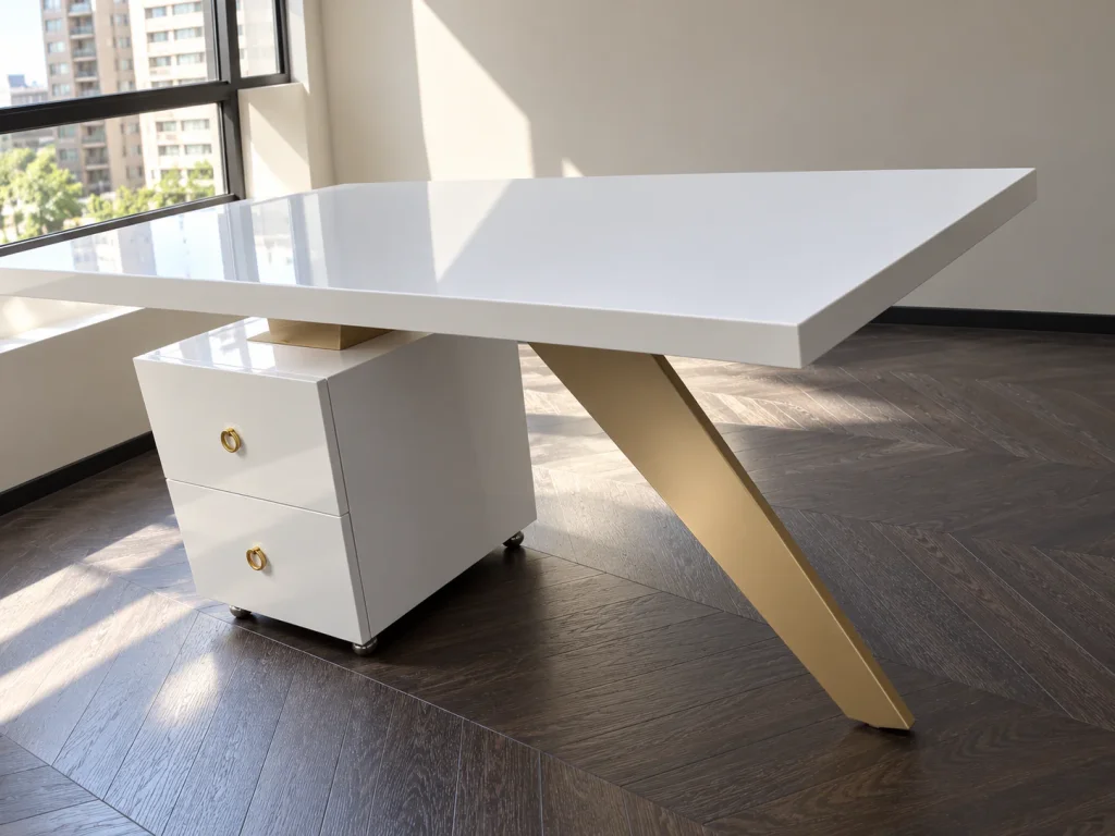 Minimalist Angled-Leg Office Desk, angled view of the gold leg and drawer unit