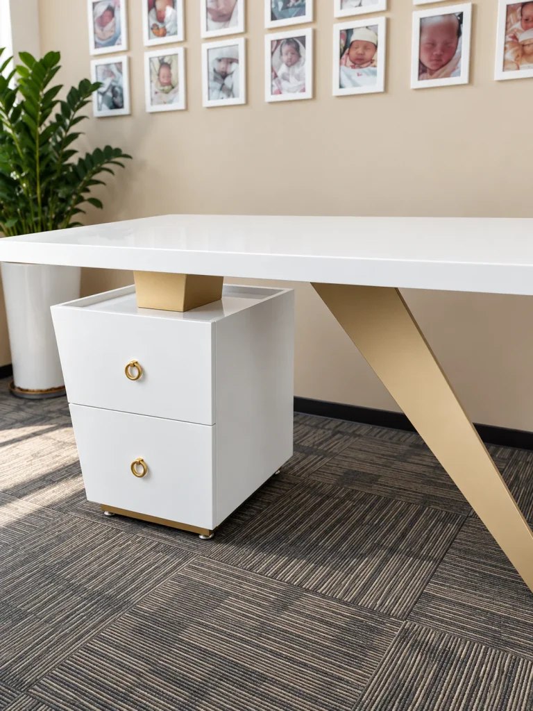 Minimalist Angled-Leg Office Desk, close-up of the drawer unit and gold leg