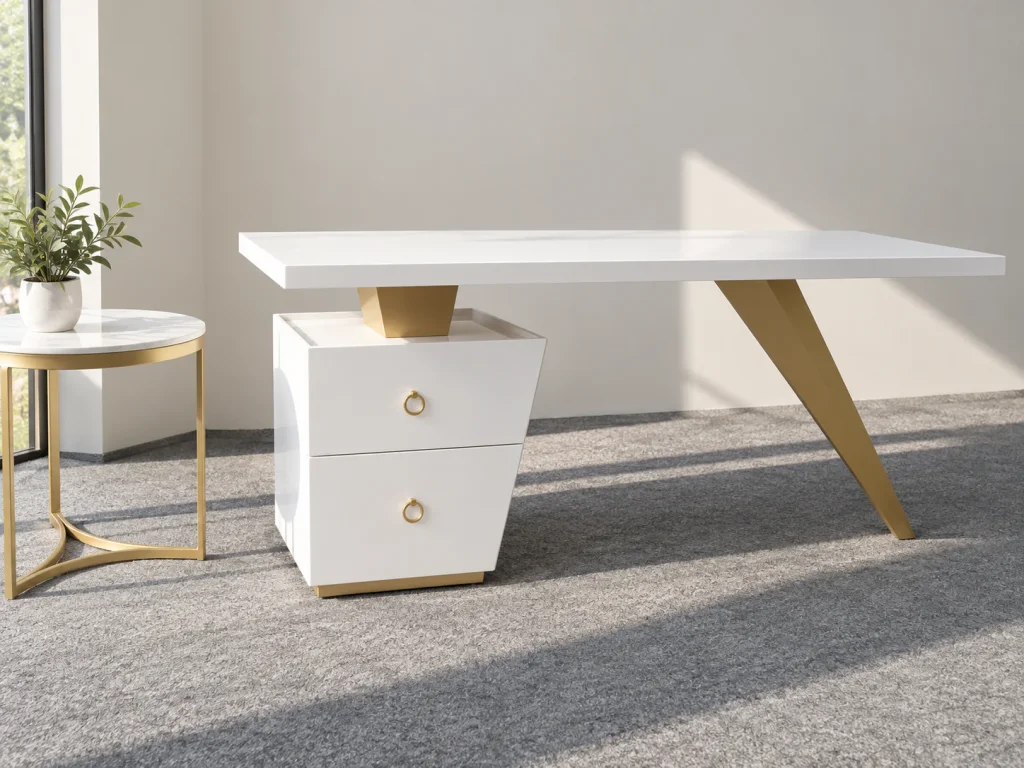 Minimalist Angled-Leg Office Desk, side view with gold leg