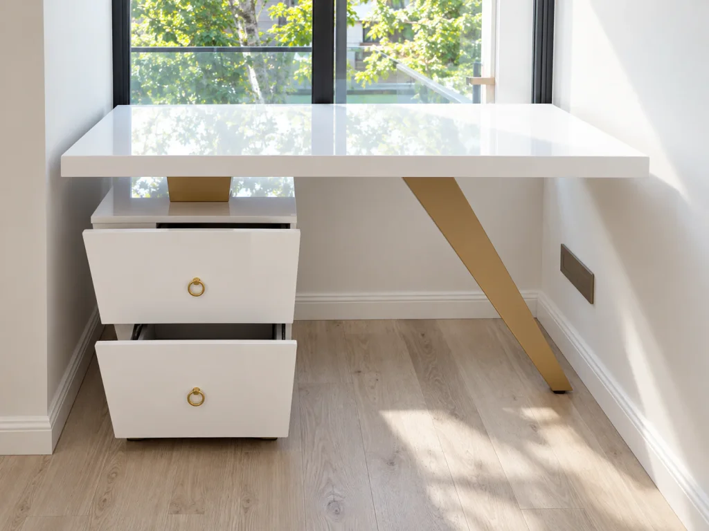 Minimalist Angled-Leg Office Desk next to a window, end view