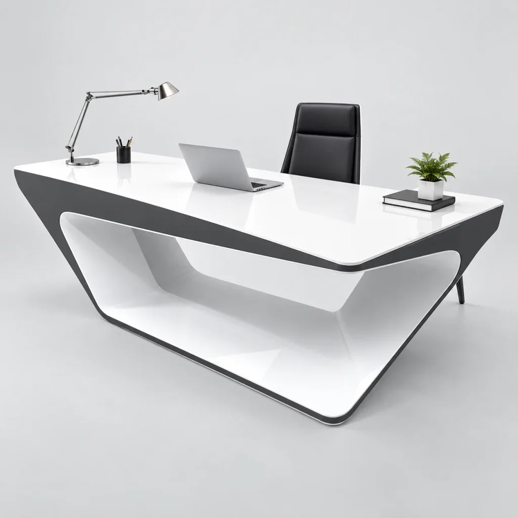 Modern L-Shaped Executive Desk with open curved base, side view