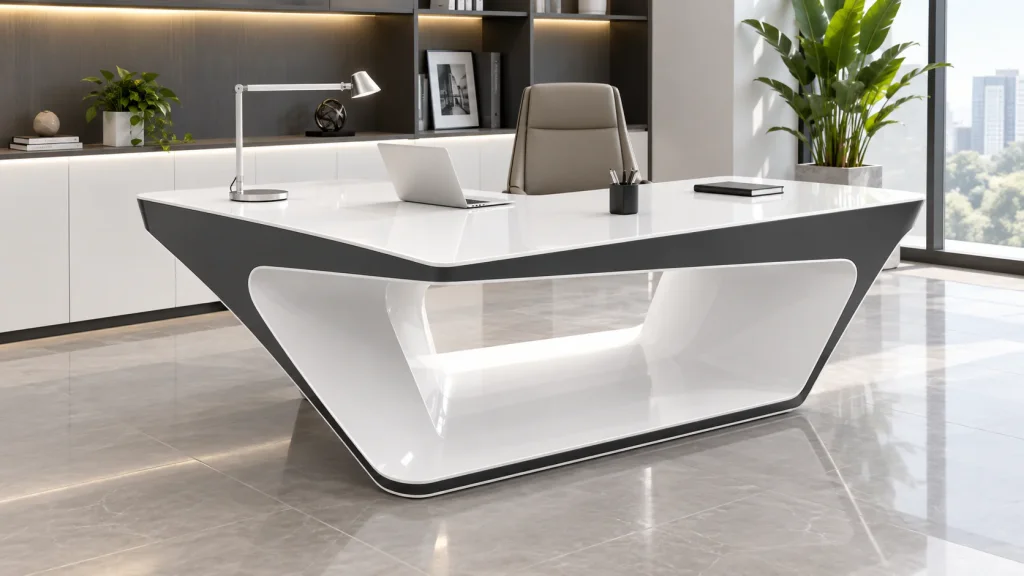 Modern L-Shaped Executive Desk with lit underside in a bright office