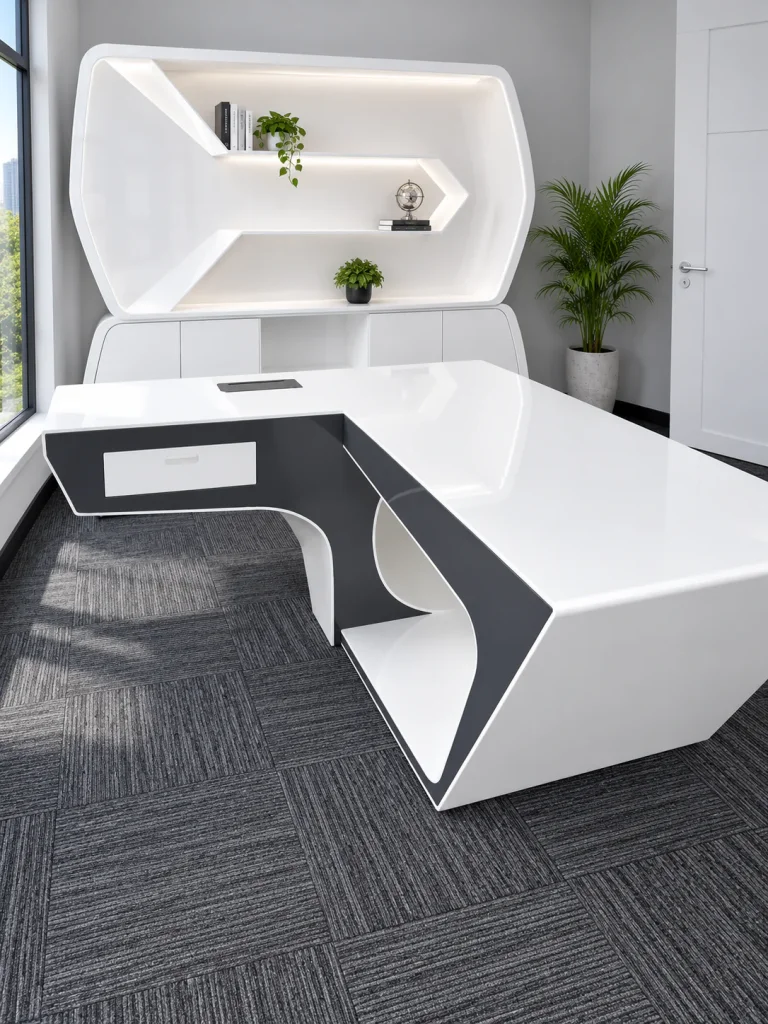 Modern L-Shaped Executive Desk with matching white display wall unit