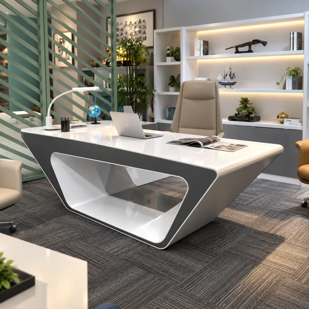 Modern L-Shaped Executive Desk in an office with green slatted partition