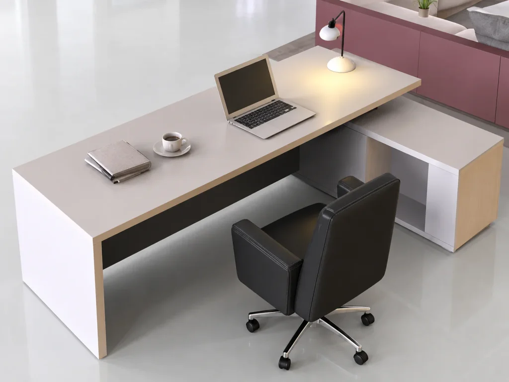 Modular Executive Office Desk with L-shaped return and black chair, high angle