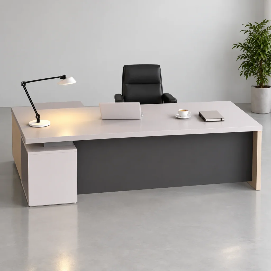 Modular Executive Office Desk, front view with gray modesty panel