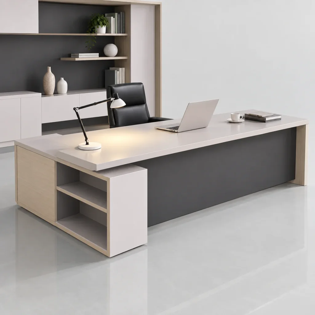 Modular Executive Office Desk with open shelf end and wall bookcase