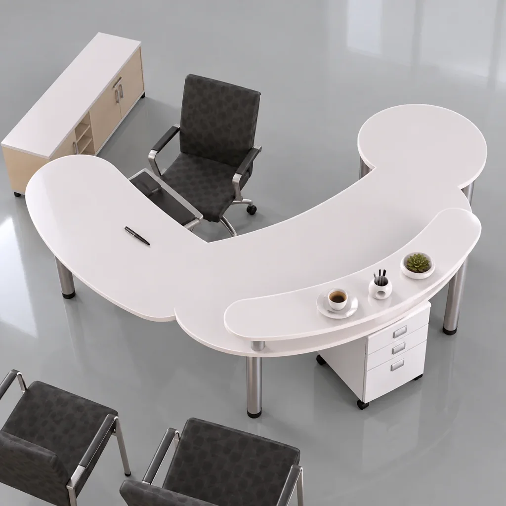Modular Executive Office Desk with curved white top and mobile pedestal, top view