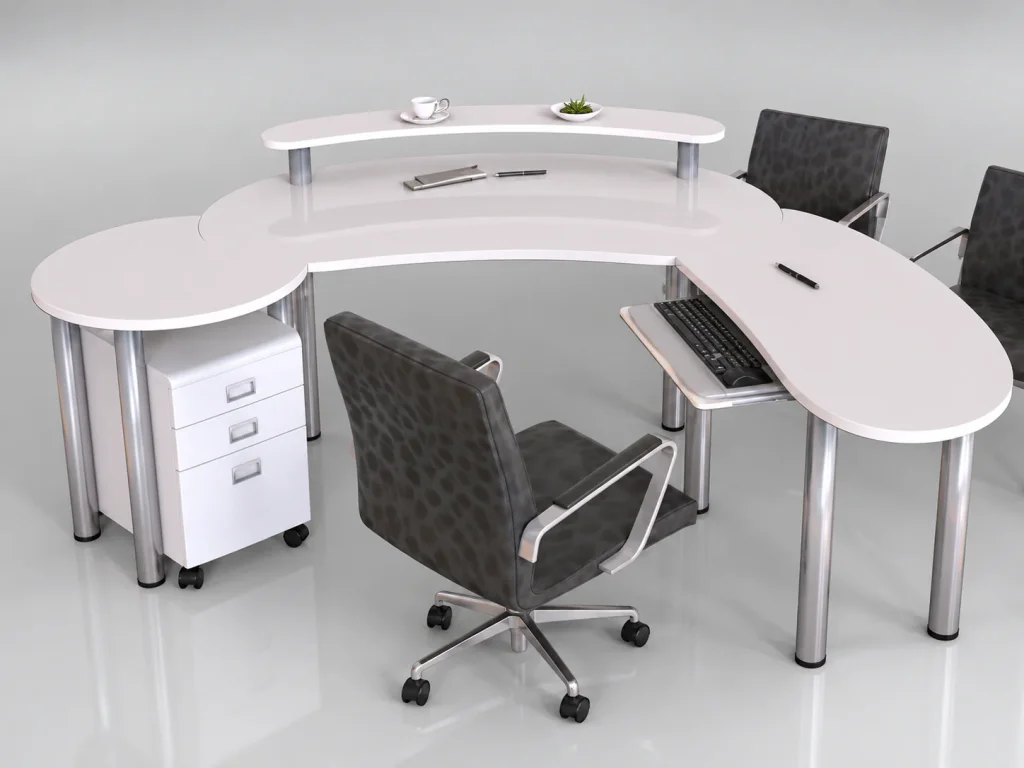 Modular Executive Office Desk with curved top, raised shelf and steel legs