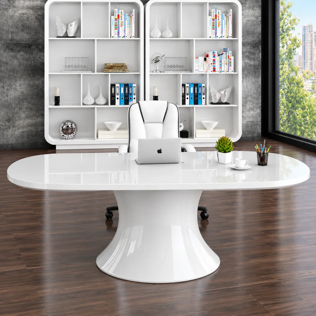 Oval Pedestal Office Desk with oval top and round pedestal, front view