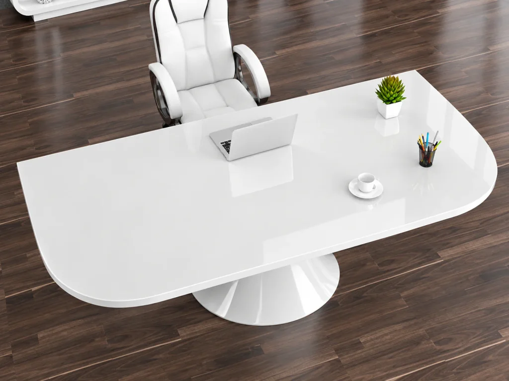 Oval Pedestal Office Desk, high-angle view of the oval white top