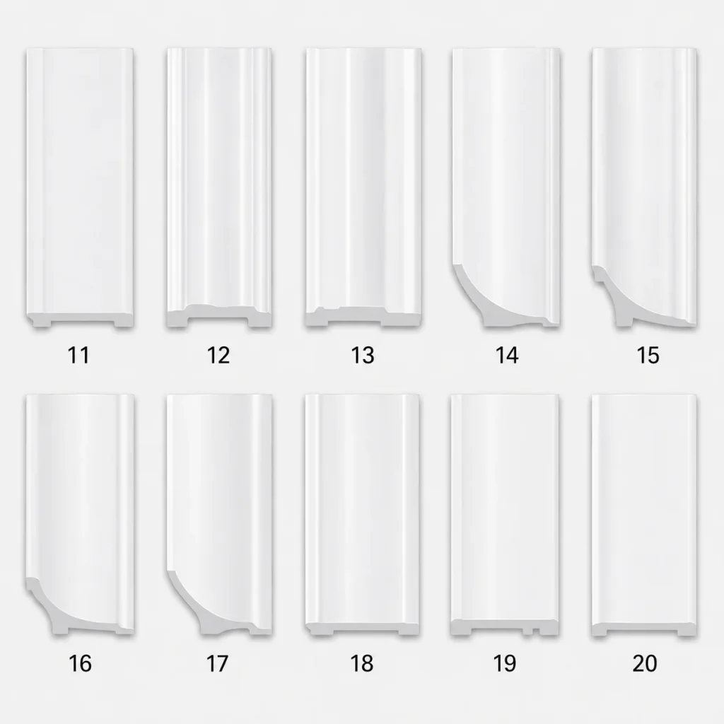 PS Moulding, white skirting profiles numbered 11 to 20