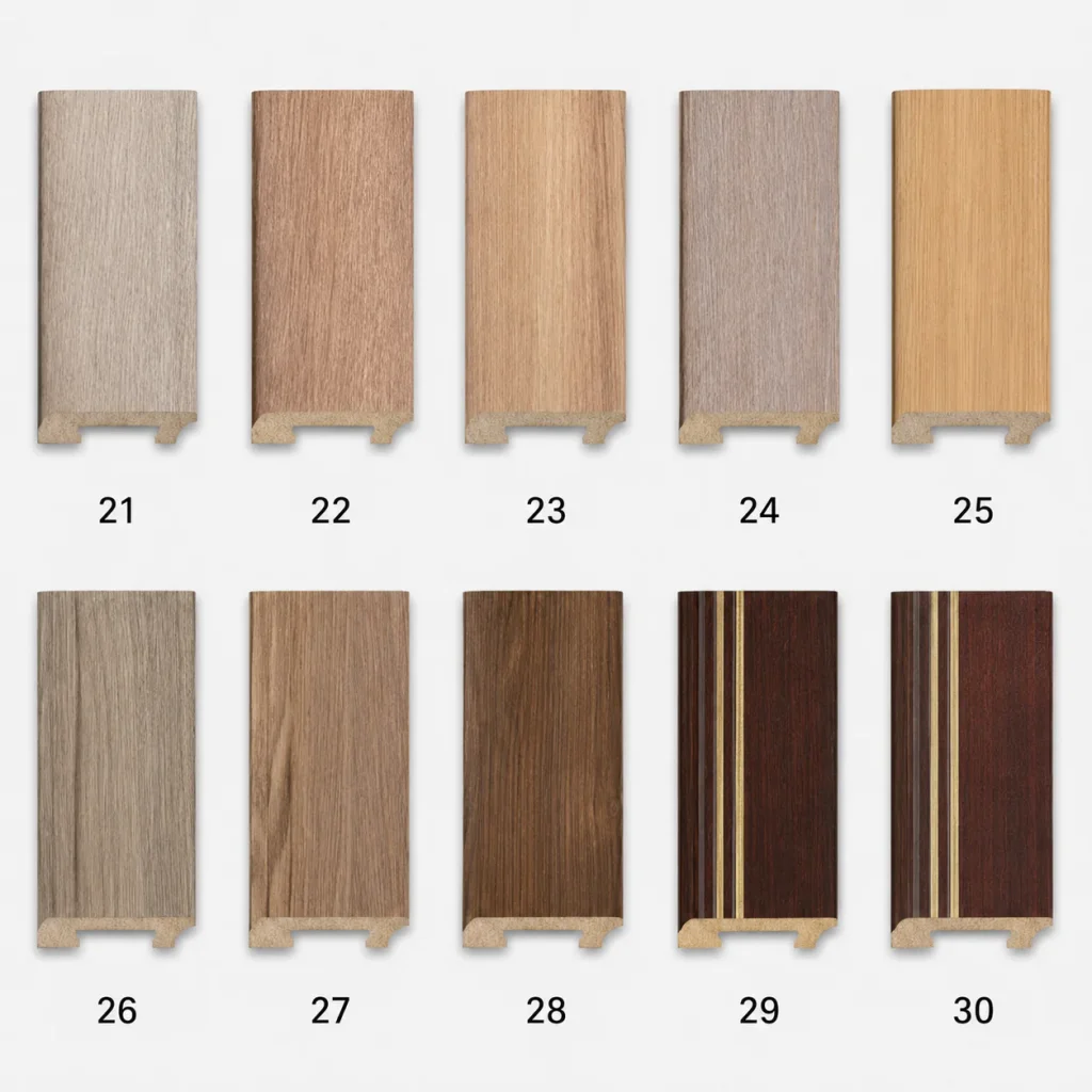 PS Moulding, wood-grain skirting samples numbered 21 to 30