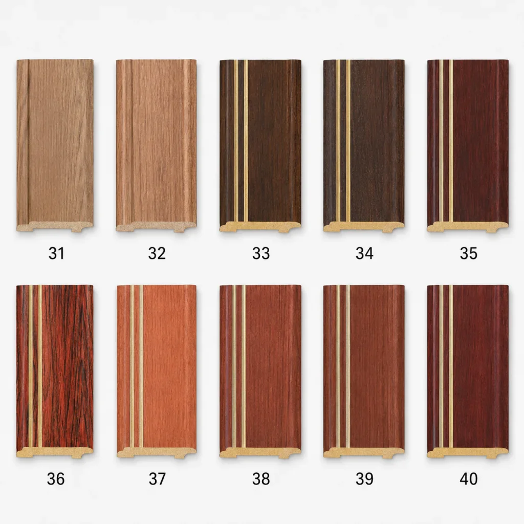 PS Moulding, wood-grain and dark samples numbered 31 to 40