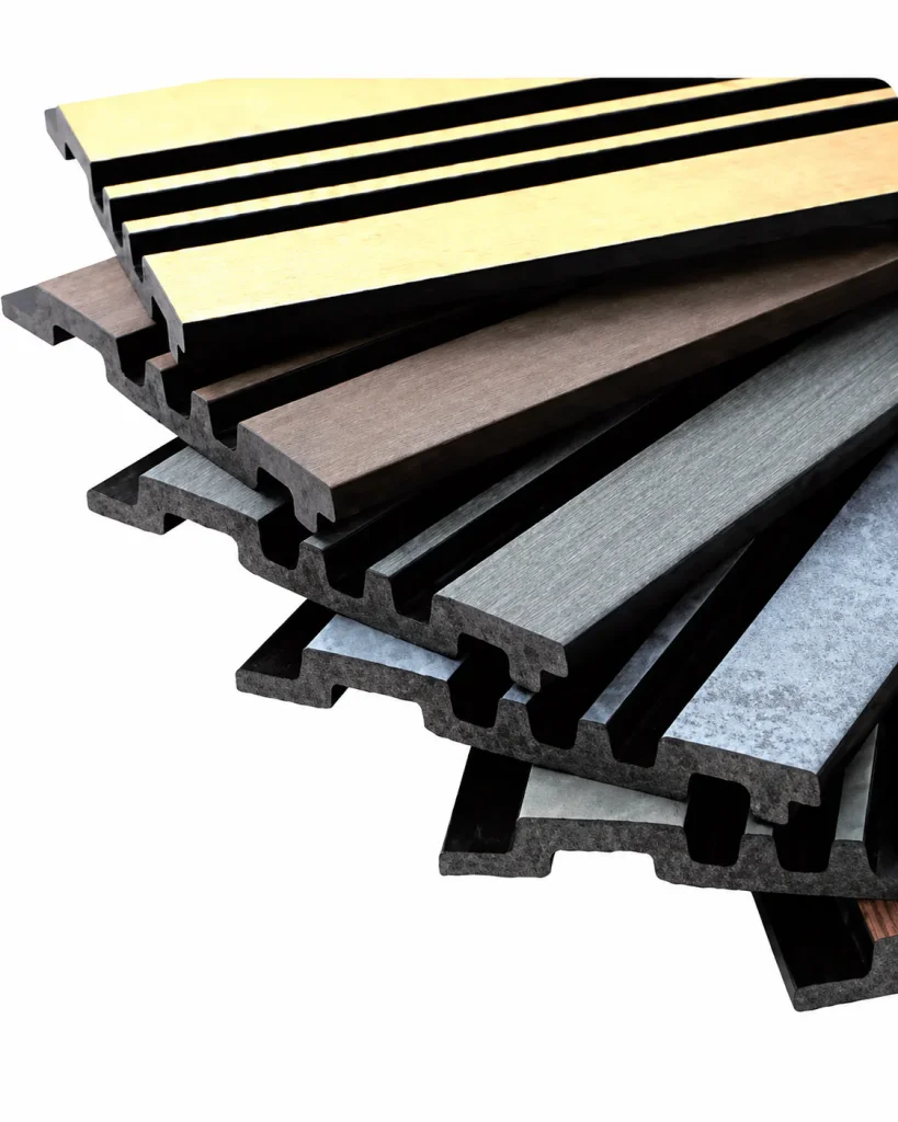 PS Wall Panel samples in black, gold, gray and brown finishes