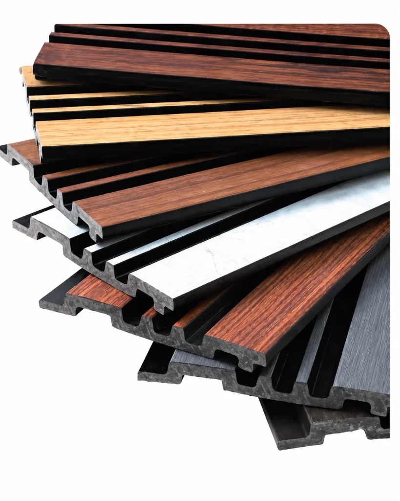 PS Wall Panel samples in wood-grain, gold and black finishes