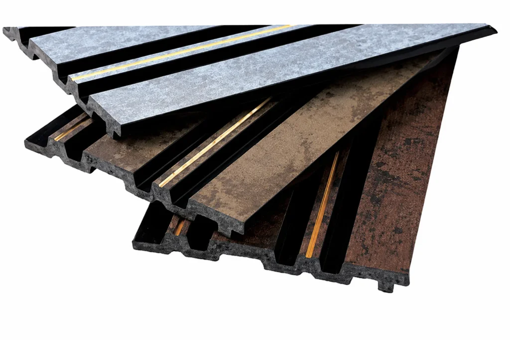 PS Wall Panel samples in stone and metallic finishes