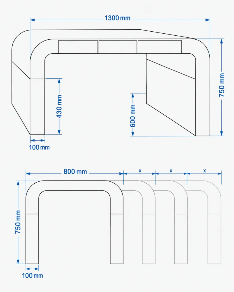 Rounded Compact Office Desk technical drawing: 1300 mm wide, 750 mm high