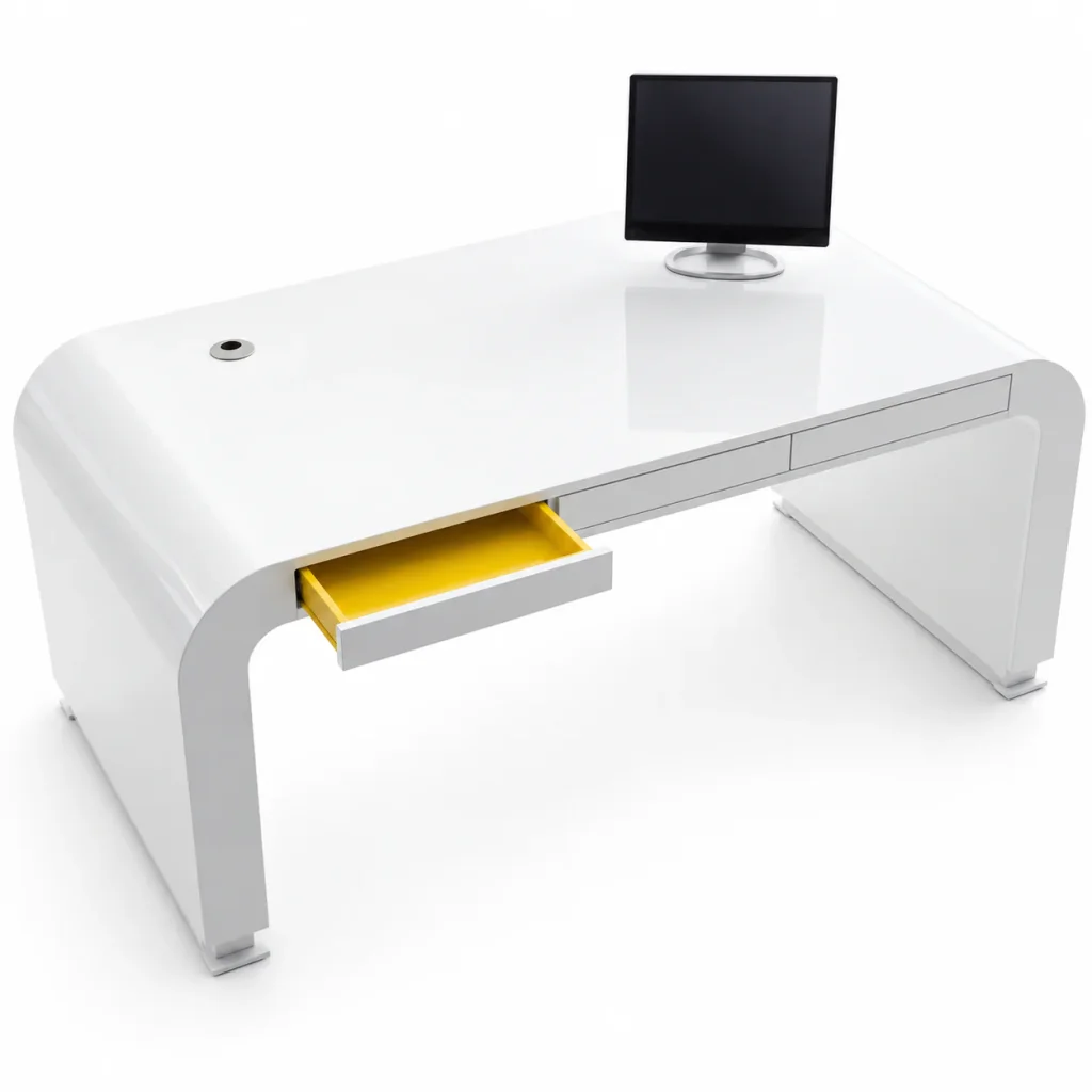 Rounded Compact Office Desk in white with open yellow-lined drawer