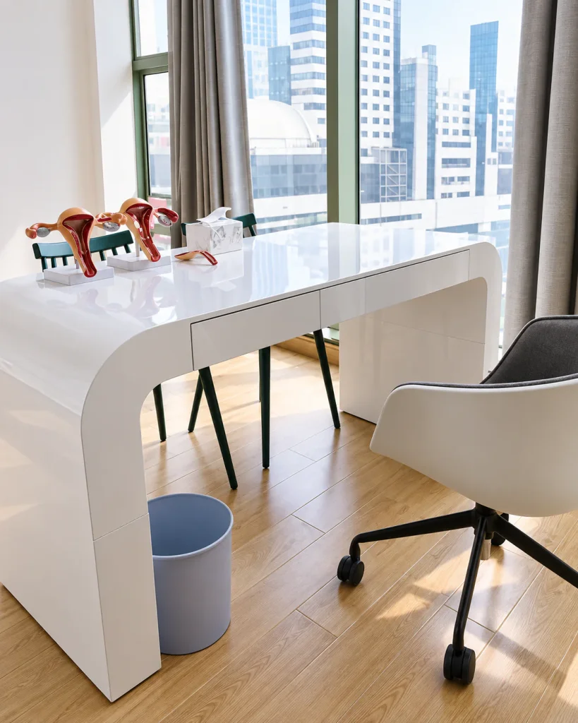Rounded Compact Office Desk in white gloss in a city-view office