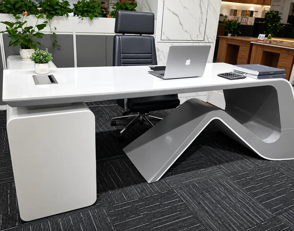Wave-Leg Executive Office Desk, angled view of the wave legs and side cabinet