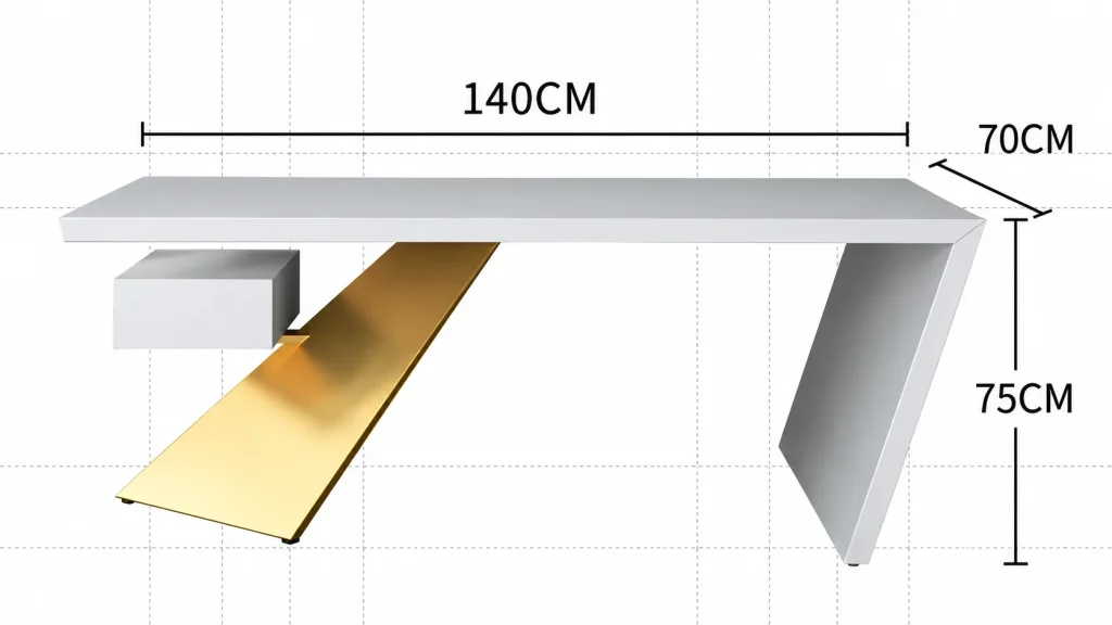 White and Gold Accent Office Desk dimensions: 140 cm wide, 70 cm deep, 75 cm high