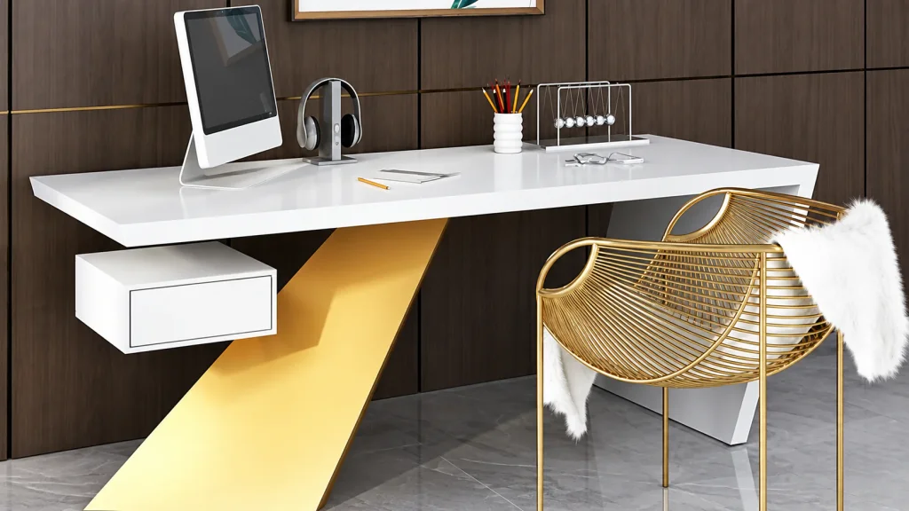 White and Gold Accent Office Desk with gold leg and gold wire chair against a wood wall