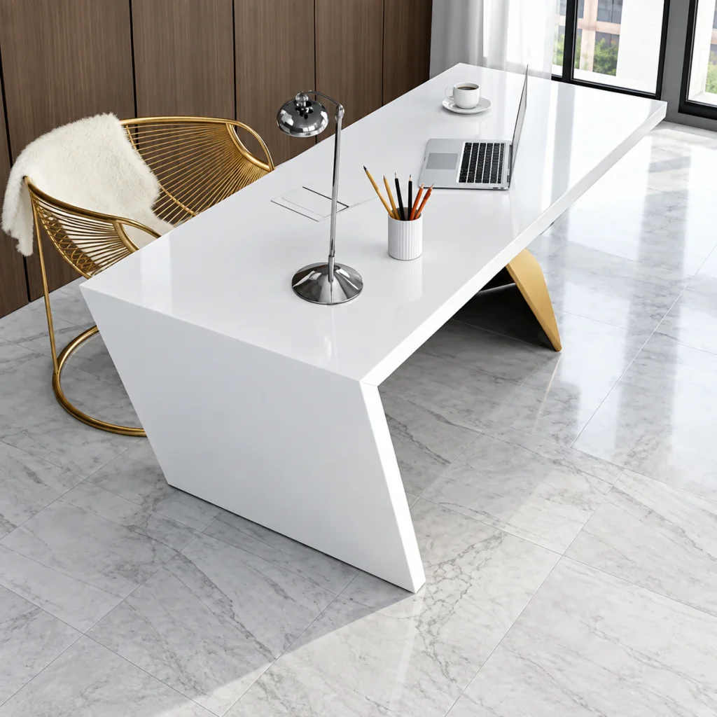 White and Gold Accent Office Desk, end view showing the slanted white leg