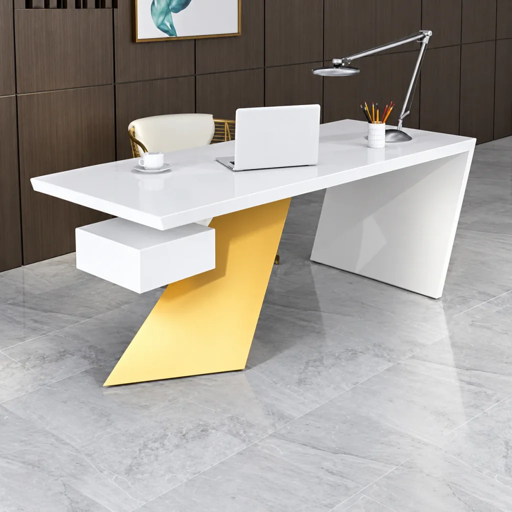 White and Gold Accent Office Desk with desk lamp and laptop, side view